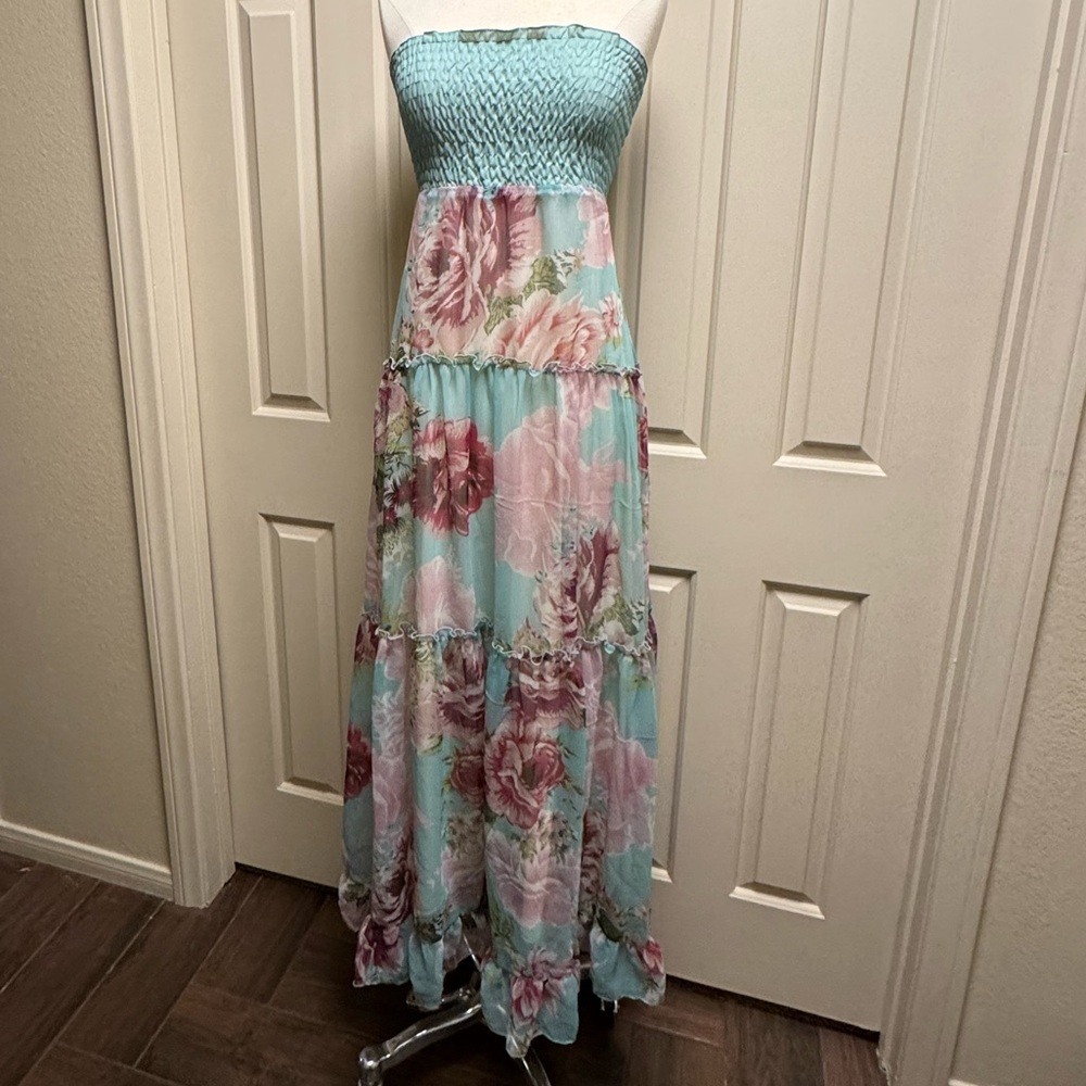 Floral chiffon Strapless Maxi Dress with shirred top and tie back